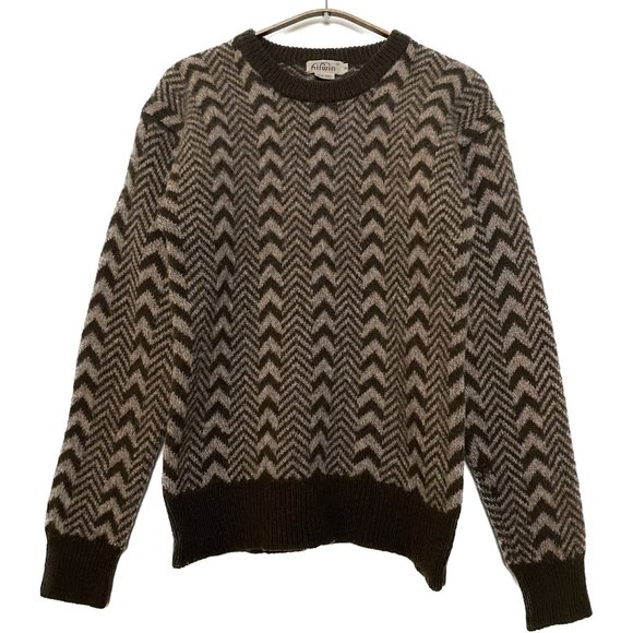 Vintage 100% Wool Shetland Sweater Women Medium Brown Tan Chevron Intarsia 70s - Picture 1 of 12